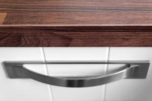 Wooden kitchen worktop with white draw and handle