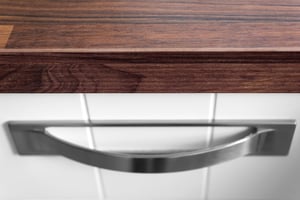 Wooden kitchen worktop with white draw and handle